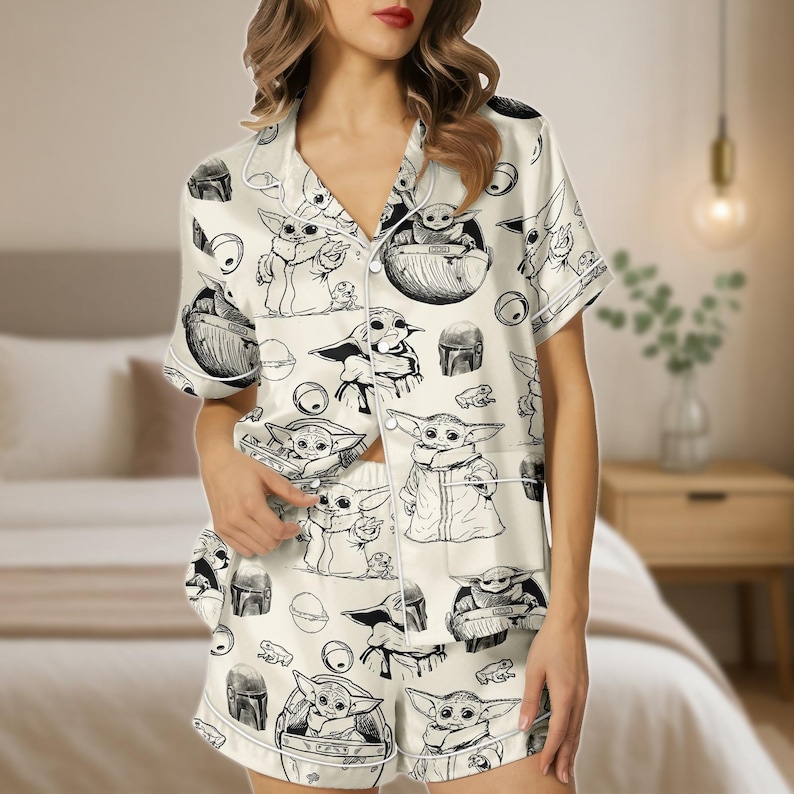 Grogu Baby Yoda Pajama Set, Star Wars Satin Shorts and Shirt, Sketch Print Sleepwear, Cute Mandalorian Gift for Her, Loungewear