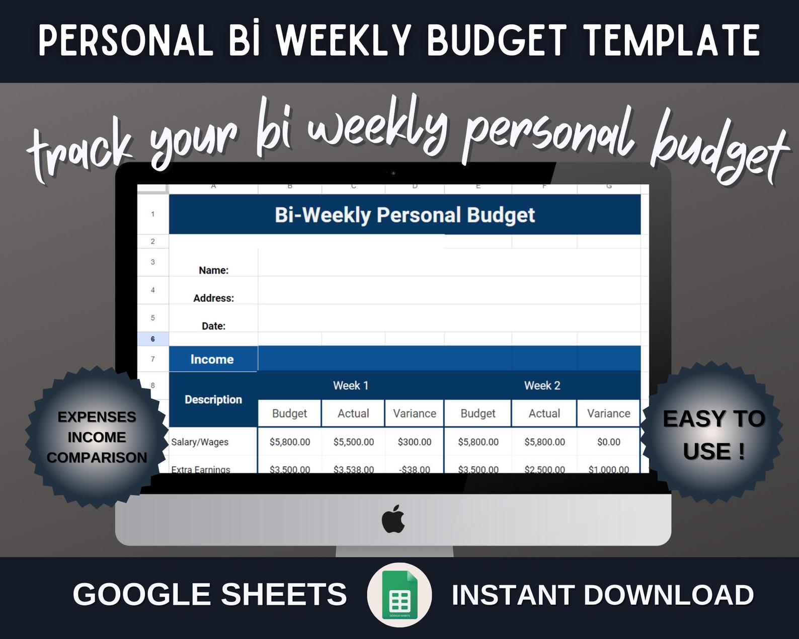 Bi Weekly Blue Personal Budget Template for Google Sheets - Etsy