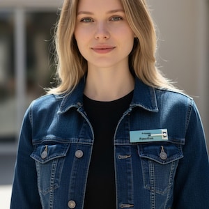 May include: A denim jacket with a black shirt underneath. The jacket has a classic design with button closures and pockets. A name tag is pinned to the jacket with the words "Prénom" and "Fonction".