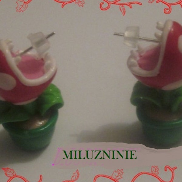 Boucles d'oreilles fantaisie kawaii plante carnivore de mario en fimo