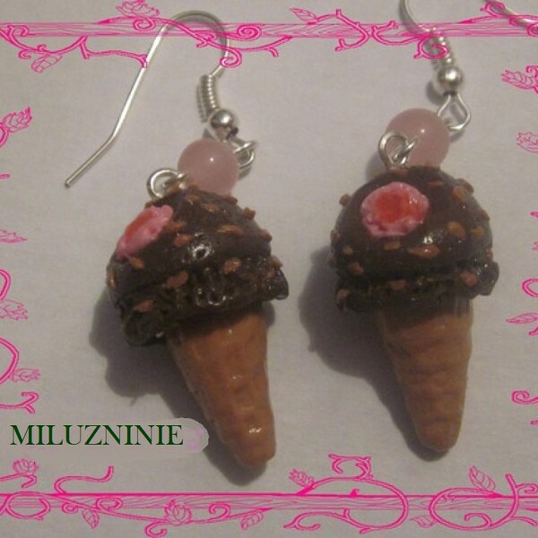 Boucles d'oreilles fantaisie kawaii, glace chocolat fraise en fimo