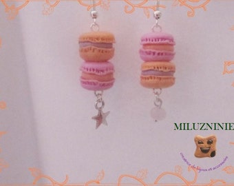 Boucle d'oreille 2 macaron rose mauve et orange en fimo