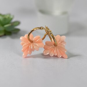 May include: A pair of gold hoop earrings with coral-colored, leaf-shaped pendants. The earrings are displayed on a light gray surface, with a blurred background featuring a white vase and a small succulent plant.