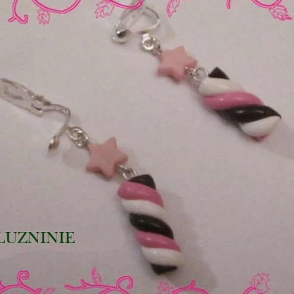 Boucles d'oreilles clips guimauve fraise, chocolat en fimo