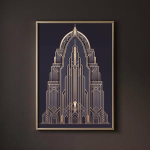 May include: Art Deco style print featuring a gold and navy blue geometric design of a stylized building. The artwork is framed in a gold-colored frame. The image has a dark background.