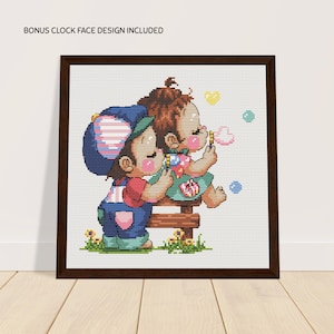 Bubbles with clock face bundle, cute characters cross stitch pattern, PDF embroidery, blueprint, instant download, beginner friendly