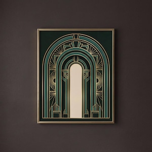 May include: Art Deco style wall art featuring a layered design of arches and geometric shapes. The artwork uses shades of teal and gold against a dark green background, framed in gold. The central arch is a light cream color.
