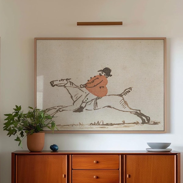 Kraftig jägare på galopperande häst - Häst och ryttare - Ridillustration. Horisontellt tryck