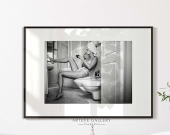 Woman Put On Lipstick in Toilet Poster Print | Gift For Mom | Girl in Lingerie Makeup in Bathroom | Naked Woman Print | Large Art XL Print