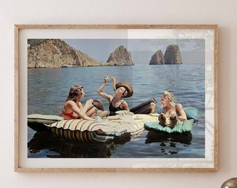 Colored Photograph Three Women Spaghetti on Water, Italy 1939 - Hamilton Wright | Dolce Vita | Eating Pasta on Lake | Square Large Art Print