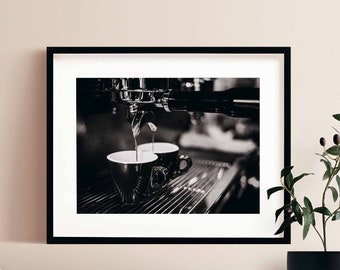 Espresso Making Machine Poster Print | Square and Large Art XL Print | Black and White Photography | Coffee Lover Wall Art