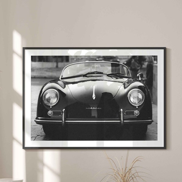 Vintage Porsche 356 Landscape Print | Classic Antique Car Black and White Wall Art | Old Car Photography Print | Man Wall Art Decor | R204