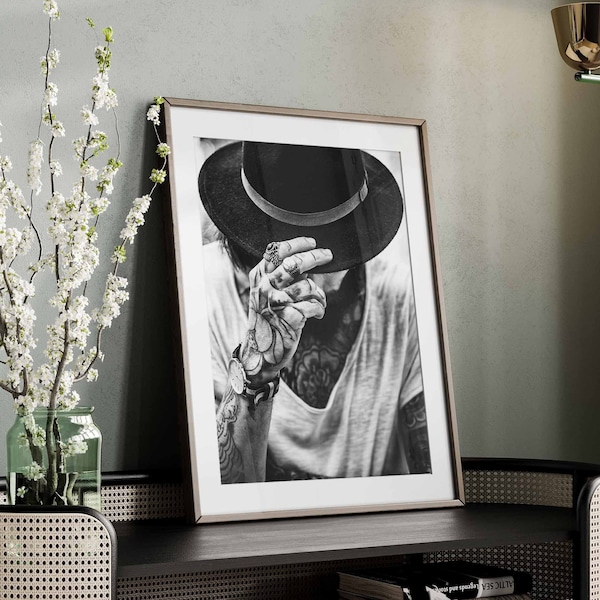 Fashionable Hipster Tattoo Wall Art | Man Portrait in Black and White Photography Printed Poster