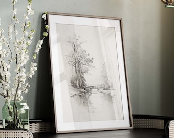 Landscape Sketch Print: Bridge & Trees Drawing (Printable Art Download)