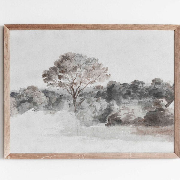 Antique Rustic Muted Landscape Painting | Vintage Square Print | Neutral Oak Tree Wall Art Printable | Anthony van Dyck