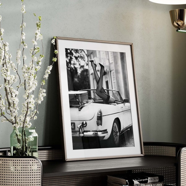 Sensual High Heels in Classic Car Poster | Black & White Fashion Wall Art Photography |Vintage British MG Car Poster Print