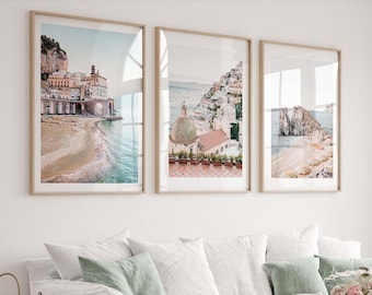 Mediterranean Gallery Wall Set of 3 Prints | Amalfi Coastal, Cinque Terres Beach and Positano Village | Italy Travel Printable Art