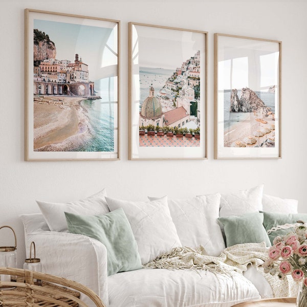 Conjunto de pared de la galería mediterránea de 3 grabados / Costa de Amalfi, Playa de Cinque Terres y Pueblo de Positano / Arte imprimible de viajes de Italia