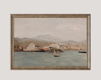 Vintage Mediterranean Coastal Oil Painting Art Print (Printable)
