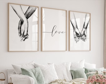 Set Gallery Wall Matching Print. Holding Hands Charcoal Sketch and Love Letter Calligraphy. Printable Digital Art