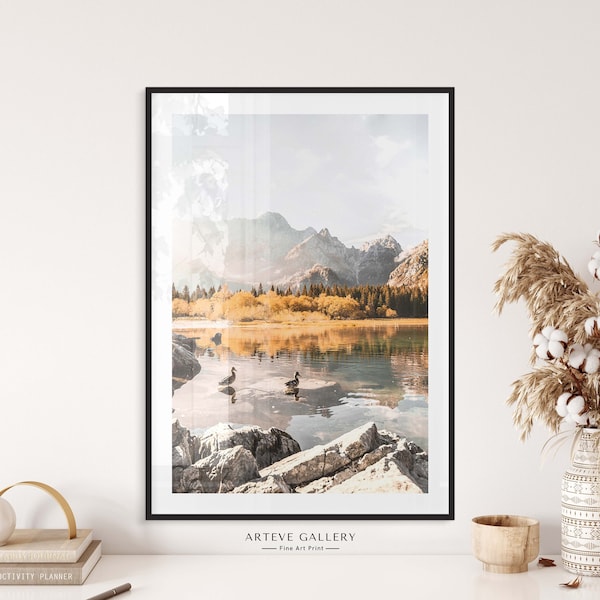 Duck Morning Swim in A Lake, Italian Alps | Square Lake Autumn Landscape Print | Cabin Decor Wall Art | Fall Printable Animal Photography