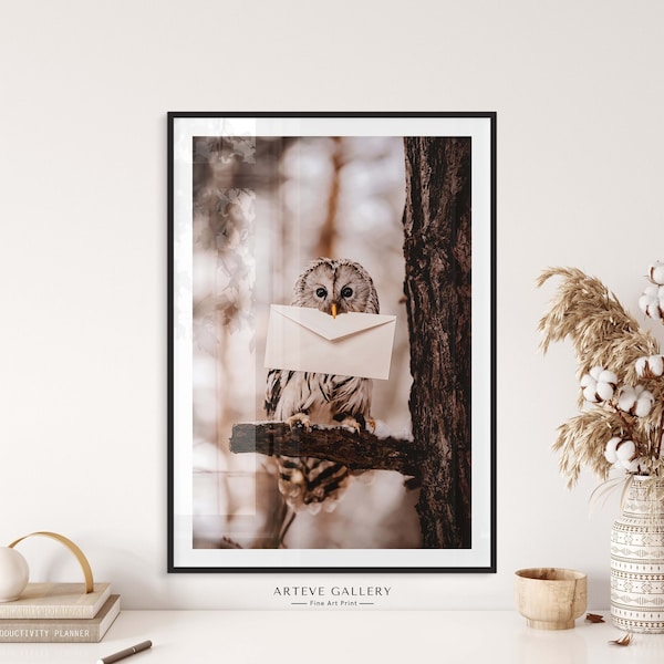 Letter Owl In The Wood | Mysterious Owl Photography Print  | Square Magical Letter Owl | Halloween Owl Digital Art