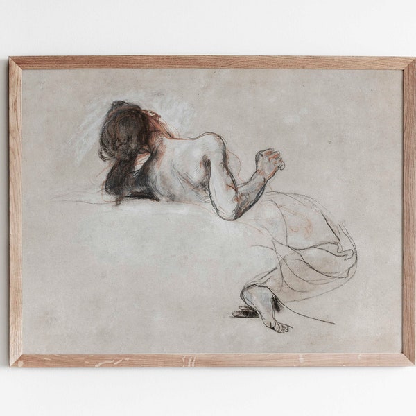 Crouching Woman Sketch - Eugene Delacroix | Vintage Woman Drawing Line Art | Large-scale PRINTABLE Wall Art | R195