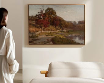 Autumn Oaks Painting Print: Rustic Farmhouse Panoramic Poster