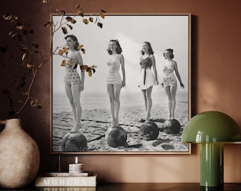 1940s Beach Day Photo: Vintage Women's Swimsuits, Coastal Wall Art
