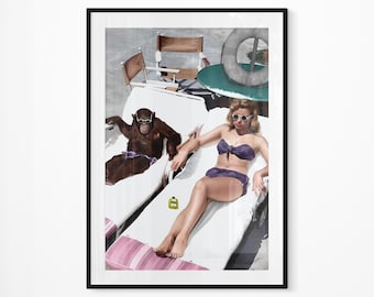 Sunbathing with Chimpanzee | Surreal Art Print Poster | Retro Modern Print