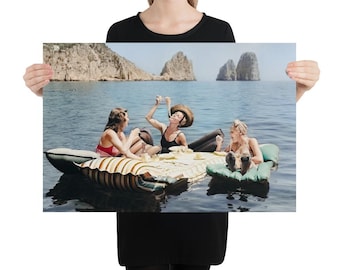 Colored Photograph Three Women Spaghetti on Water, Italy 1939 - Hamilton Wright | Dolce Vita | Eating Pasta on Lake | Square Large Art Print