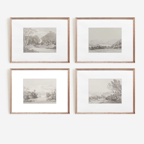 Neutral Aesthetic Decor Wall Art | British Country Landscape Sketch |  Gallery Set of 4 Joseph Farington Artworks | PRINTABLE Art | S2-35