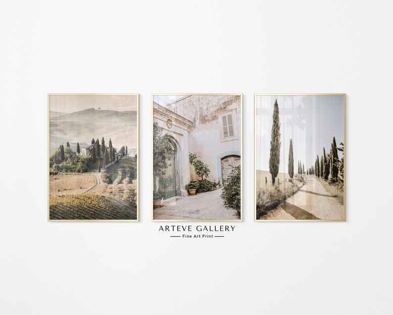 Italy Tuscany Set of 3 Prints, Italian Countryside, Tuscany Hill Photography, Mediterranean Cypress, Old Courtyard, Italy Printable Wall Art