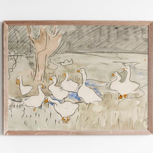 Vintage Geese Painting: Antique Farmhouse Kitchen Decor (Digital Art)