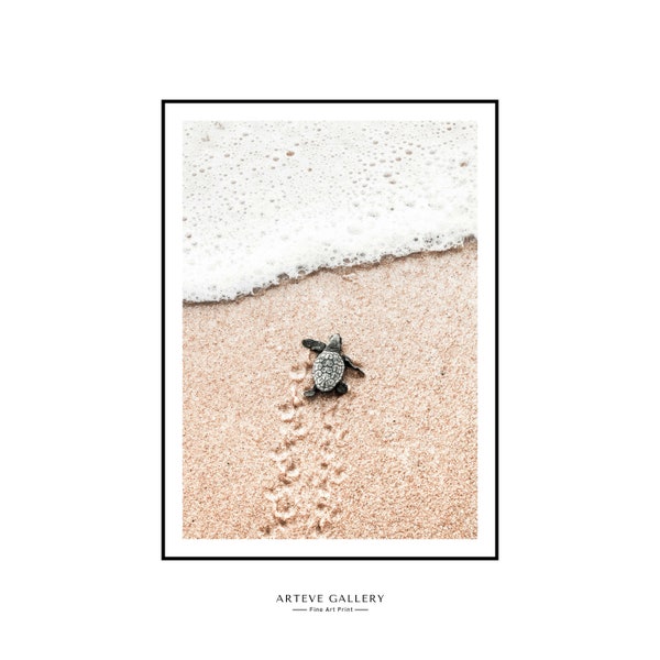 Fotografeer de Baby Sea Turtle Desenio-geïnspireerde print. Zachte beige kust- en dierenafdrukbare muurkunst