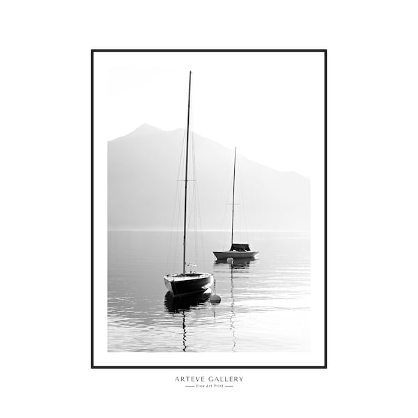 Sailing Boat, Yacht Black and White Photograph Printable. Nautical Sailing Minimalist Wall Art.