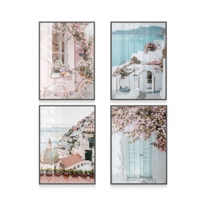 Méditerranée Santorini Grèce Gallery Wall Lot de 4 tirages | Art de téléchargement numérique vert pastel doux et rose fard à joues