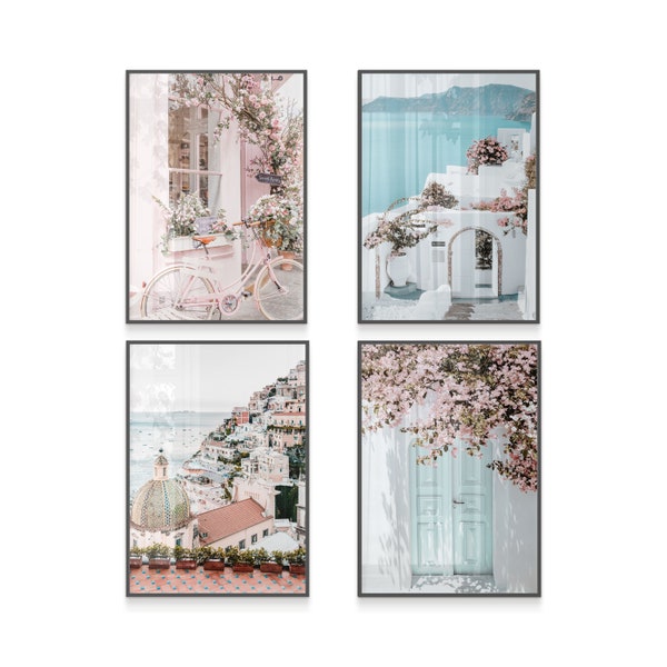 Mediterranean Santorini Greece Gallery Wall Set of 4 Prints | Soft Pastel Green and Blush Pink Digital Download Art