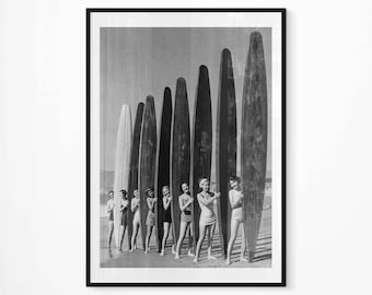 Surf Sisters | Fine Art Vintage Black and White Photography Print | Coastal Wall Art Poster