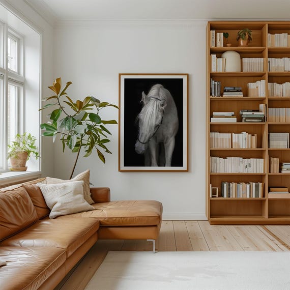 Elegant White Horse Art Print – Graceful Equine Photography, Extra Large Print