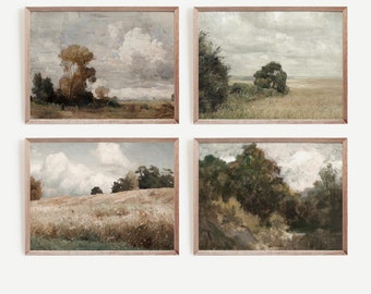 French Country Gallery Wall Art Set| Printable Moody Country Landscape Painting | Set of 4 Vintage Wall Art | S4-28