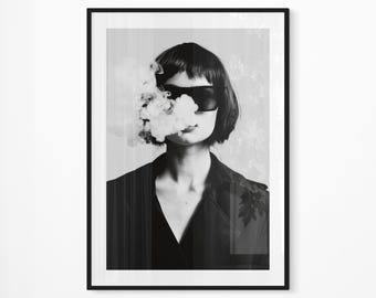 Smoking Woman Photography Print | Retro Black Suit, Sunglasses Poster