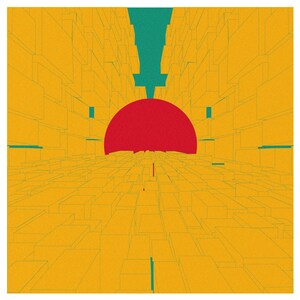 Könnte beinhalten: Abstrakte digitale Kunst-Illustration eines roten Kreises in einem gelben und grünen geometrischen Muster.