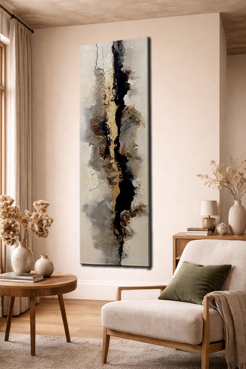 Vertical Gold Black Abstract Canvas Art Modern Wall Decor for Living ...