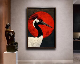 Arte de parede com garça japonesa e sol vermelho em tela, decoração minimalista, impressão de pintura de pássaro oriental.