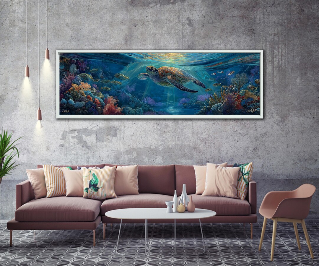 Sea Turtle Canvas Wall Art Underwater Coral Reef Marine Life Panoramic ...