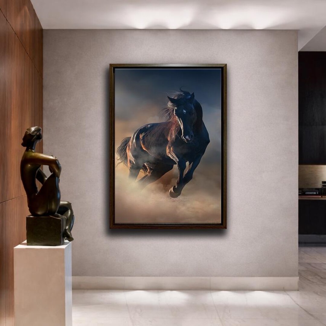 Galloping Black Horse Wall Art Running Stallion Canvas Print Equestrian ...