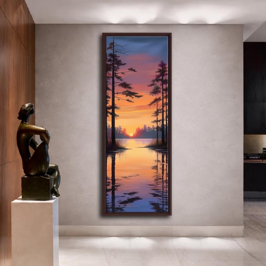 Sunset Lake Canvas Wall Art Pine Tree Landscape Painting Vertical ...