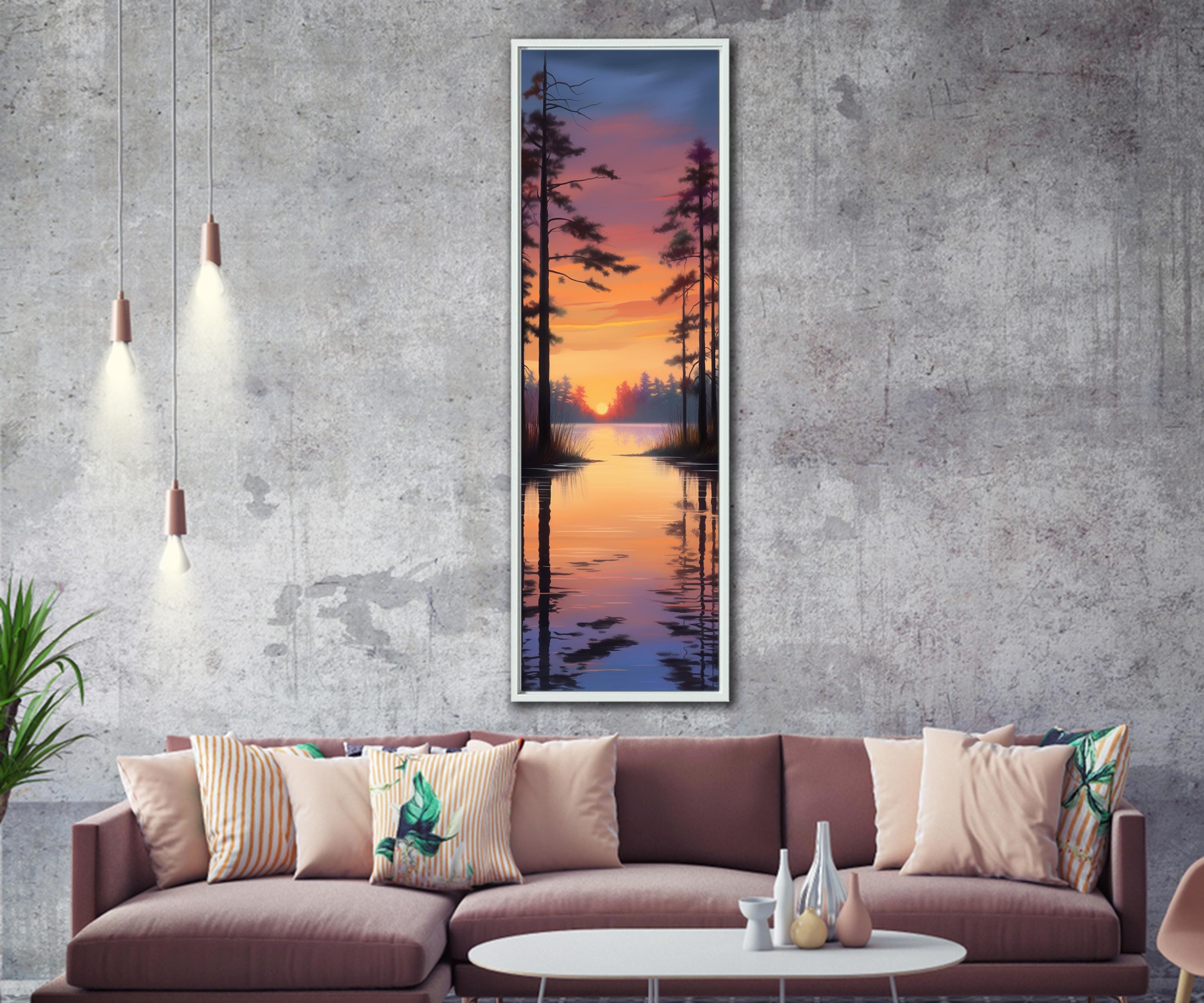 Sunset Lake Canvas Wall Art Pine Tree Landscape Painting Vertical ...