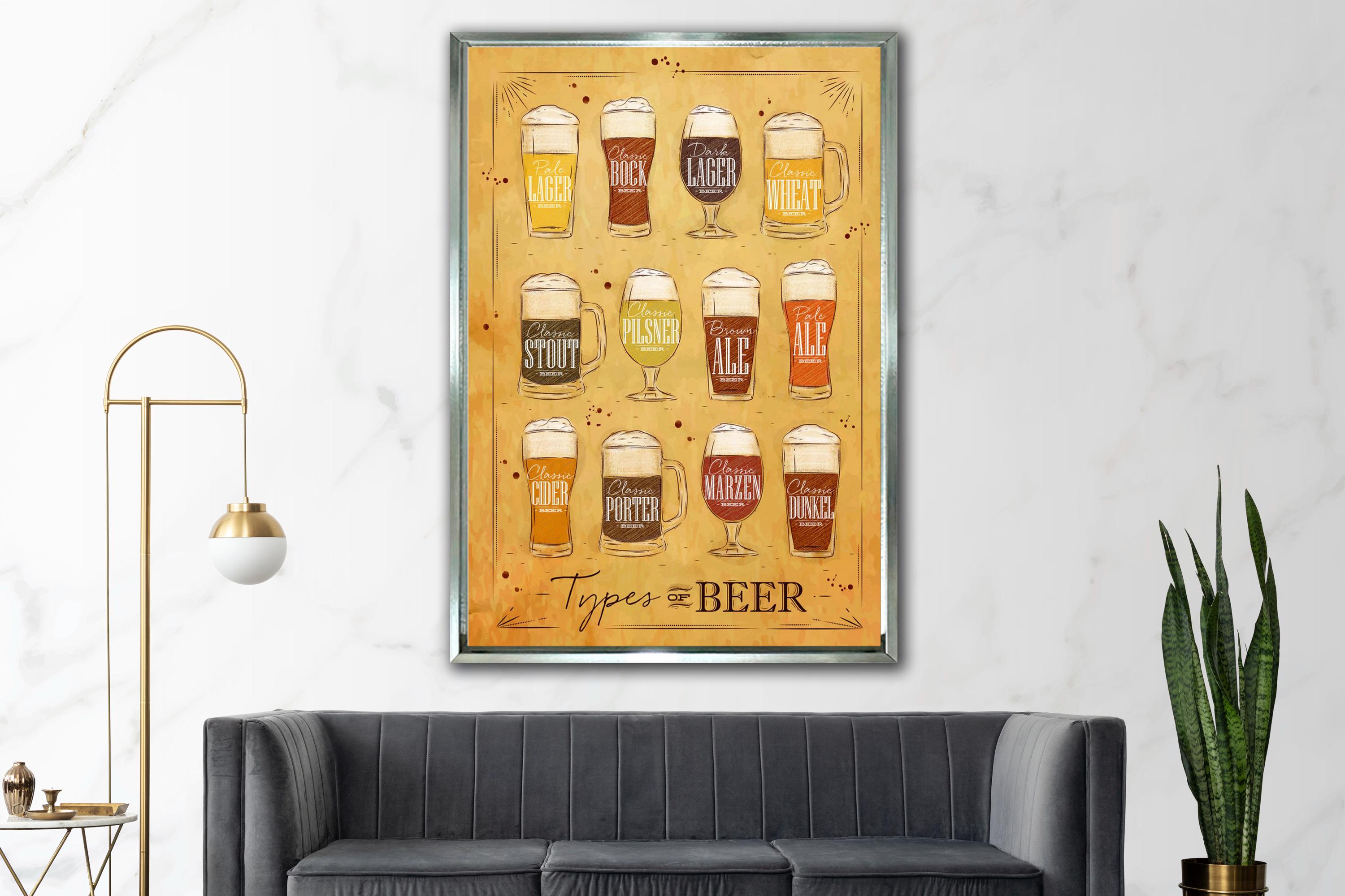 Beer Chart Vintage Poster Bar Wall Art Man Cave Decor Beer Types Canvas ...